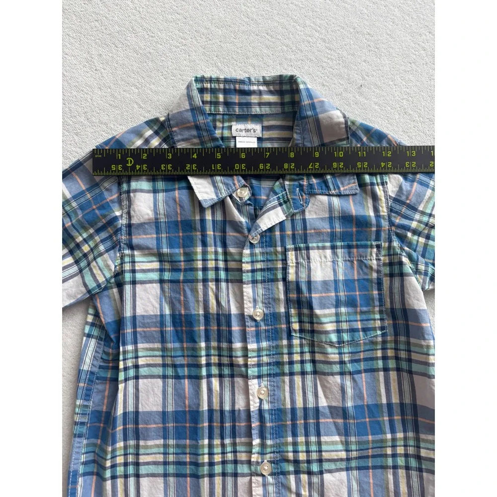 Carter's Plaid Button Down Shirt Kids Boys Size 7 Blue Green Short Sleeve Cotton